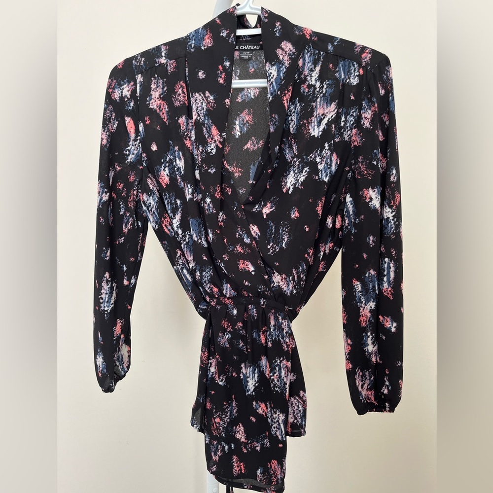 Le Château Abstract Pattern Faux Wrap Blouse